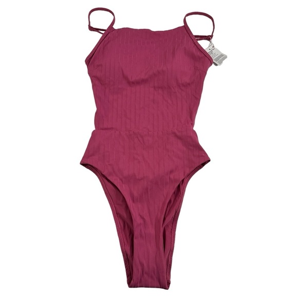 Lululemon Ribbed High Neck Cross Back One Piece Swimsuit Pink Medium Skimpy Cut - Picture 3 of 13